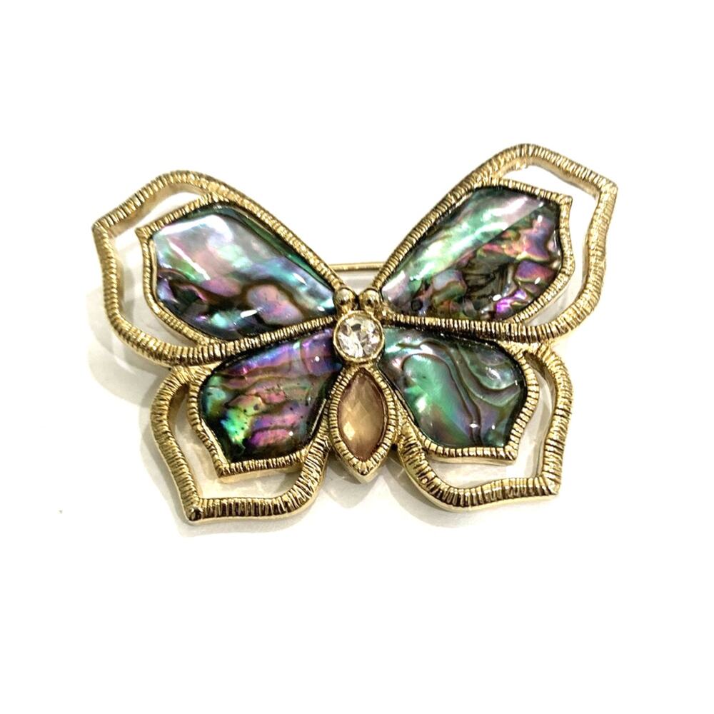 Crystal Monarch Butterfly Pin Brooch Green Abalone